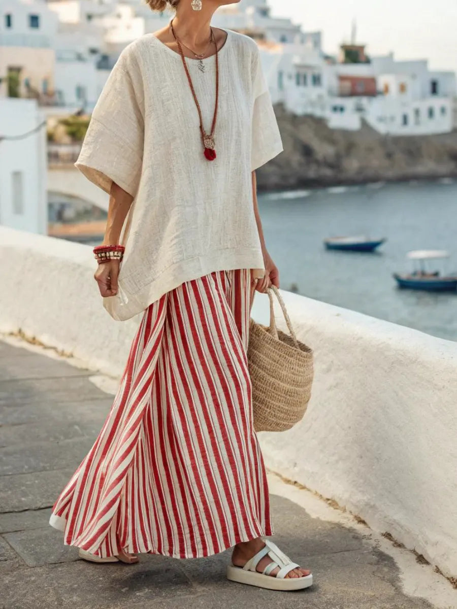 Cotton and linen women's holiday striped suit