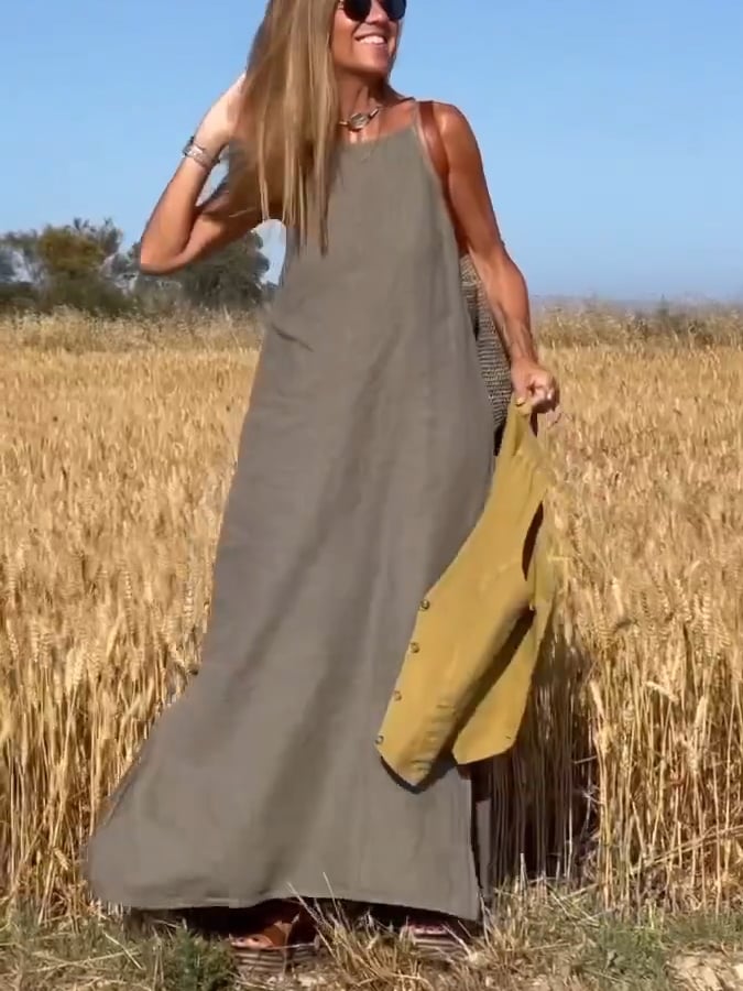 Women'S Casual Strappy Cotton And Linen Maxi Dress