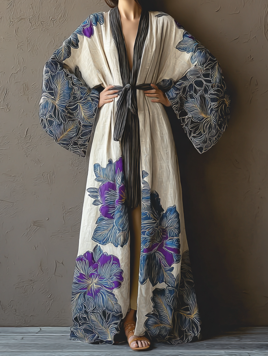 Women's Purple Peony Kimono Linen Robe (Including Belt)
