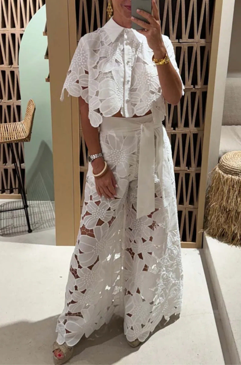 Solid Color Lace-Up Knit Top & Wide-Leg Pants Two-Piece Set