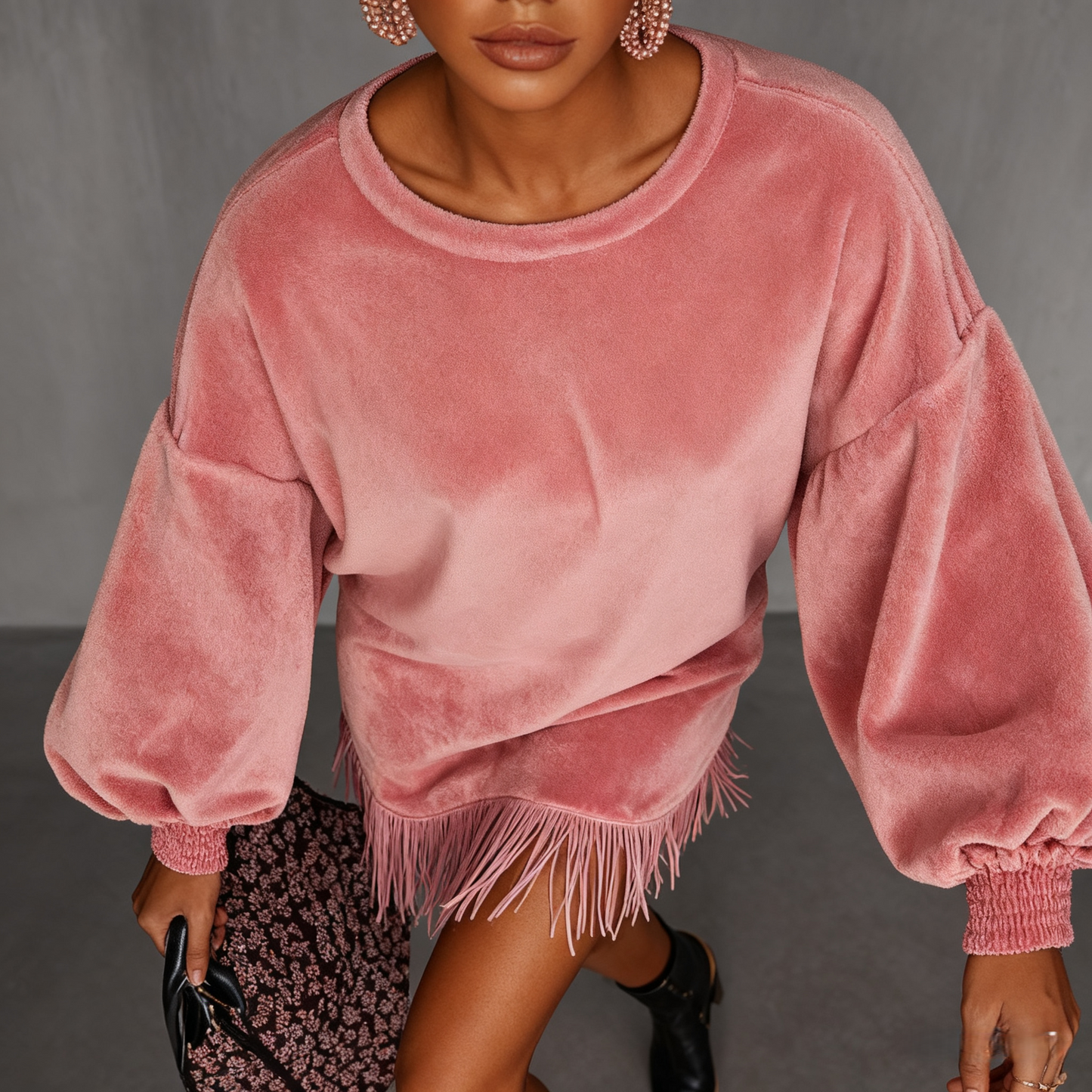 Rosy Retro Velvet Mini | Voluminous Balloon Sleeves & Playful Fringe Hem