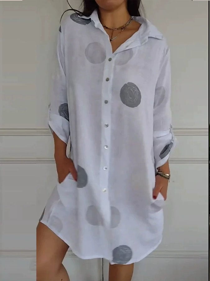 Women's Casual Lapel Long Sleeve Polka Dot Printed Shirt Dress