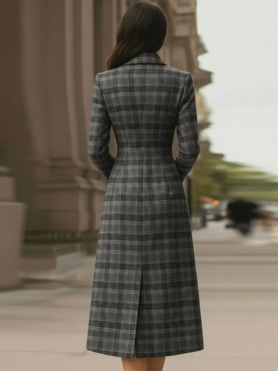 Elegant Plaid Asymmetric Button - Front Midi Dress
