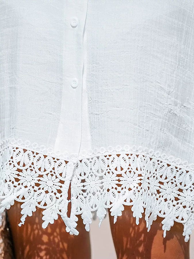 Ladies Casual Solid Color V-Neck Three-quarter Sleeve Lace Stitching Dress