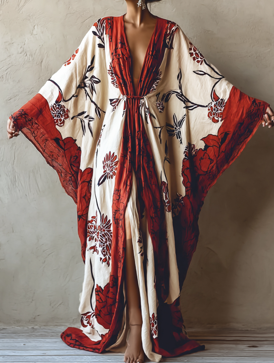 Women's Red Pincushion Flower Kimono Linen Robe (Including Belt)