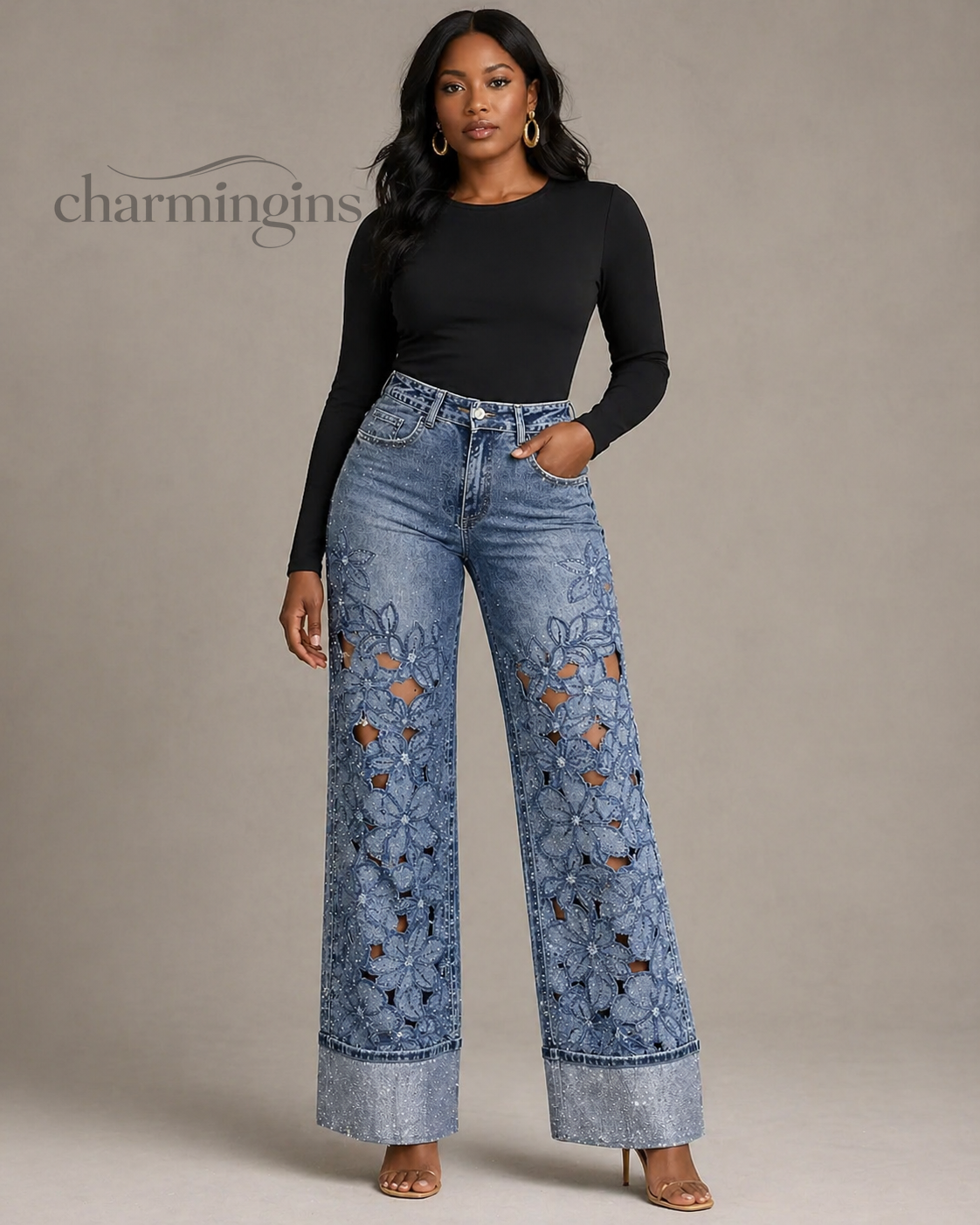 Light Blue Floral Cutout Rhinestone Wide Leg Jeans
