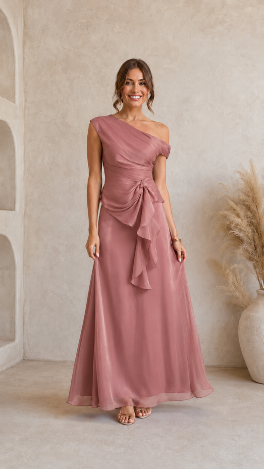 Dusty rose one-shoulder maxi dress with ruched waist and cascading ruffle detail front view