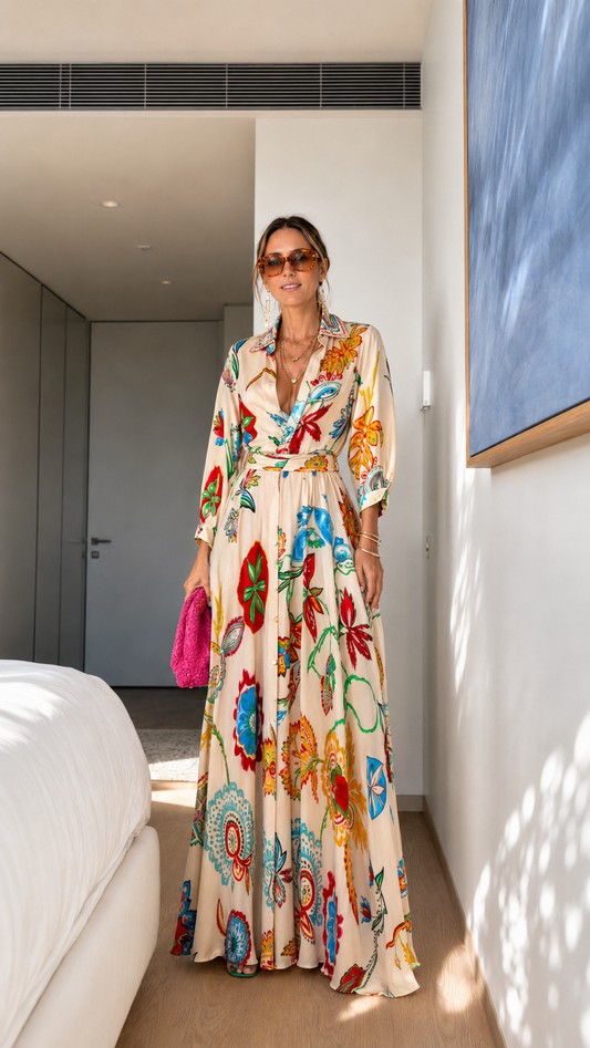 Front view of cream printed shirt collar maxi dress with belted waist and long sleeves