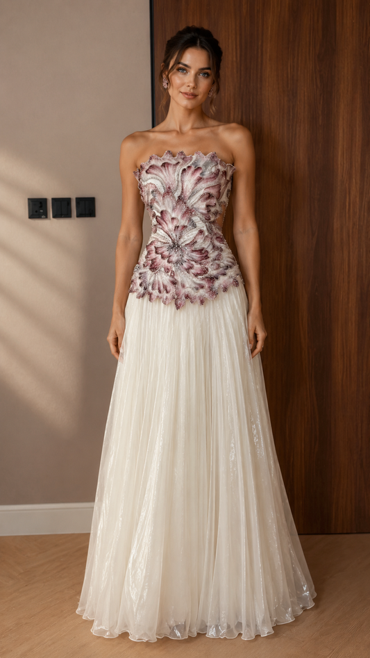 Front view of mauve and ivory strapless appliqué evening gown with pleated tulle skirt