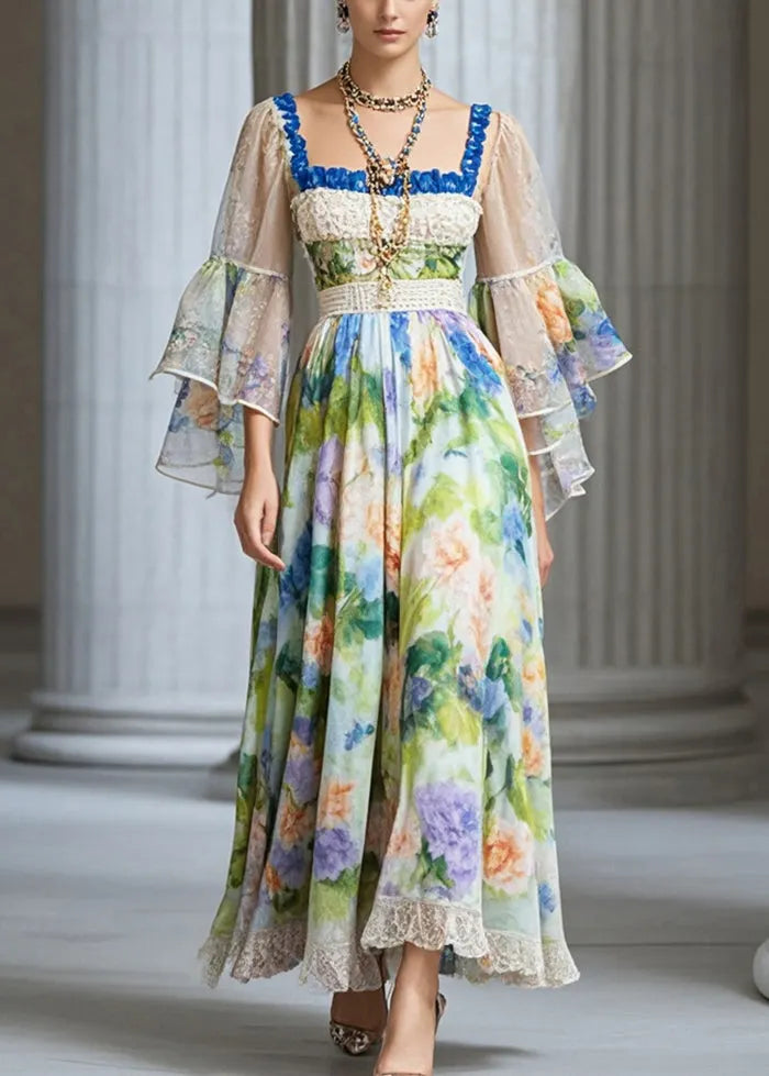 Women Square Collar Print Chiffon Vacation Dresses