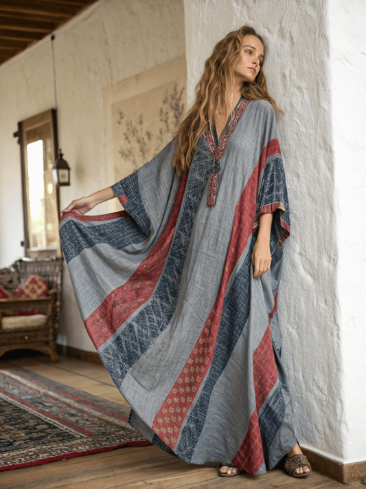 Linen Printed Kaftan Maxi Dress
