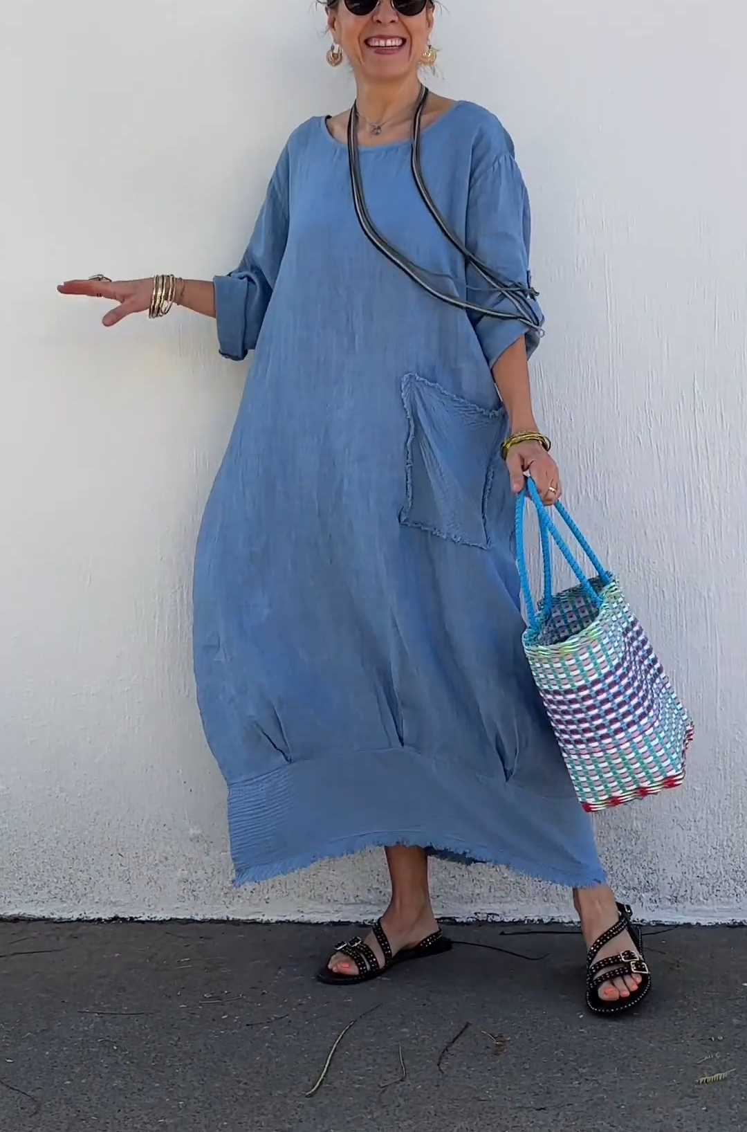 Oversized Linen Maxi Dress with Fringe Hem & Patch Pocket