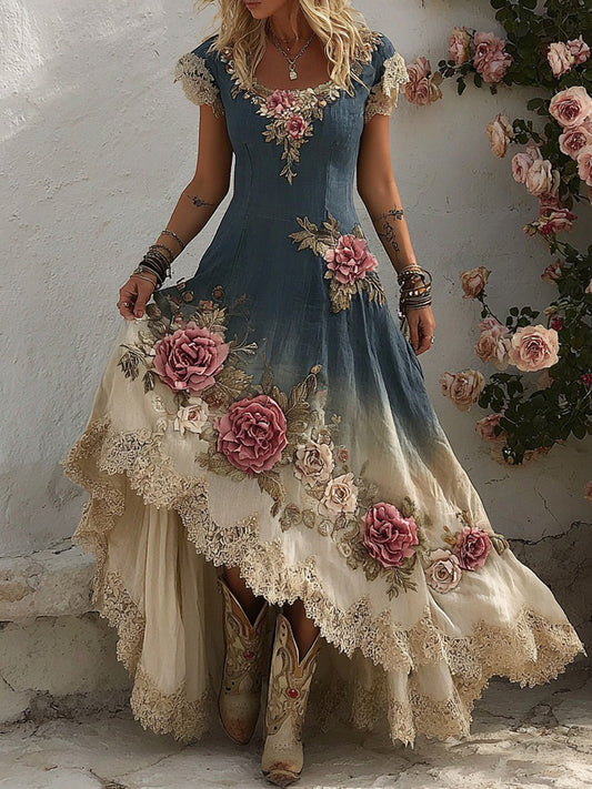 Women's Bohemian Pink Rose Patchwork Art Short Sleeve Maxi Dress