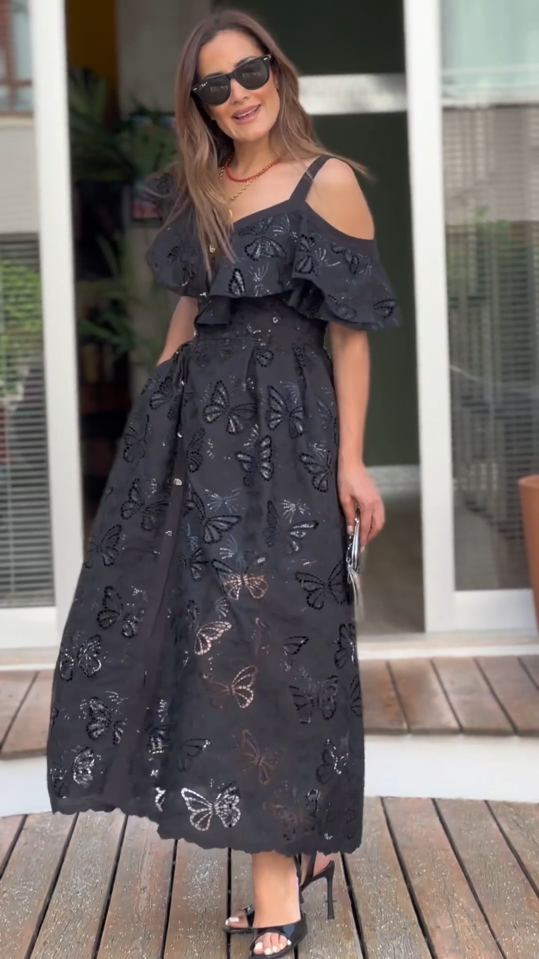 Black Butterfly Cutout Cold-Shoulder Midi Dress