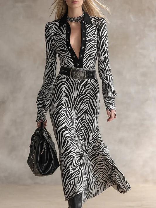 Urban Lapel Black Zebra Print Maxi Dress – Bold Effortless Style 🖤