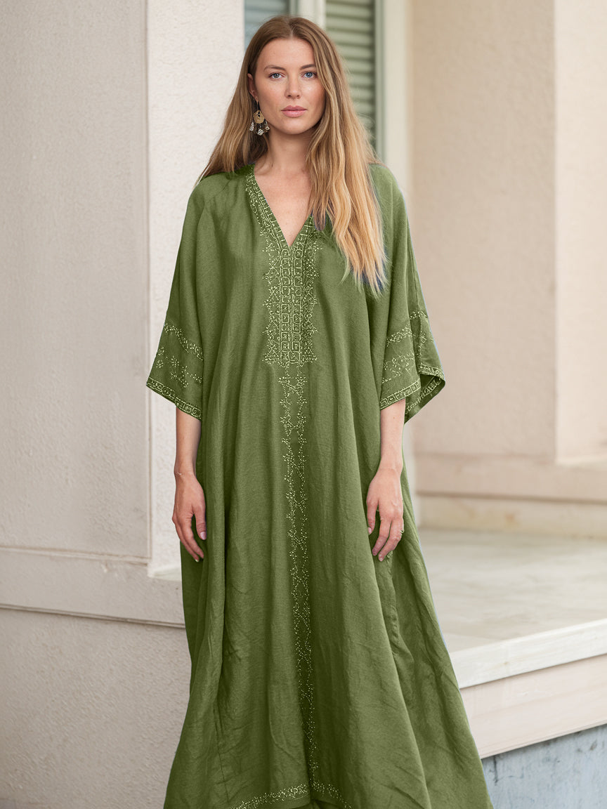 Contton & Linen  Long Sleeve  Kaftan Maxi Dress