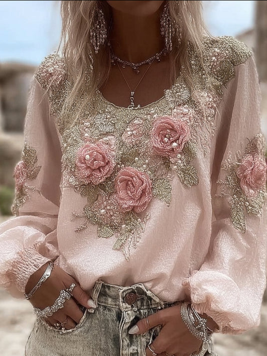 Women's Soft Rose Vintage Pink Round Neck Cotton And Linen Top