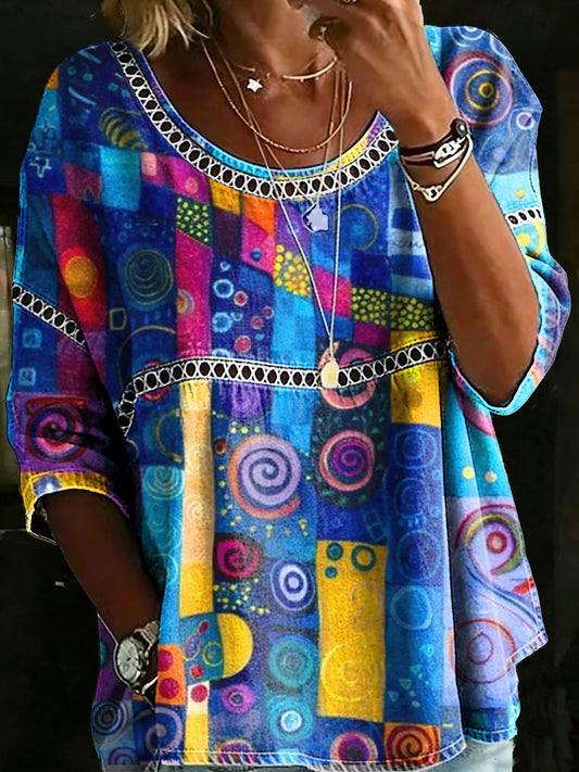 Women's Multicolor Abstrct Casual Loose Denim Blouse Shirt
