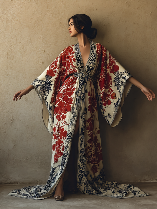 Women's Red Cockscomb Kimono Linen Robe (Including Belt)