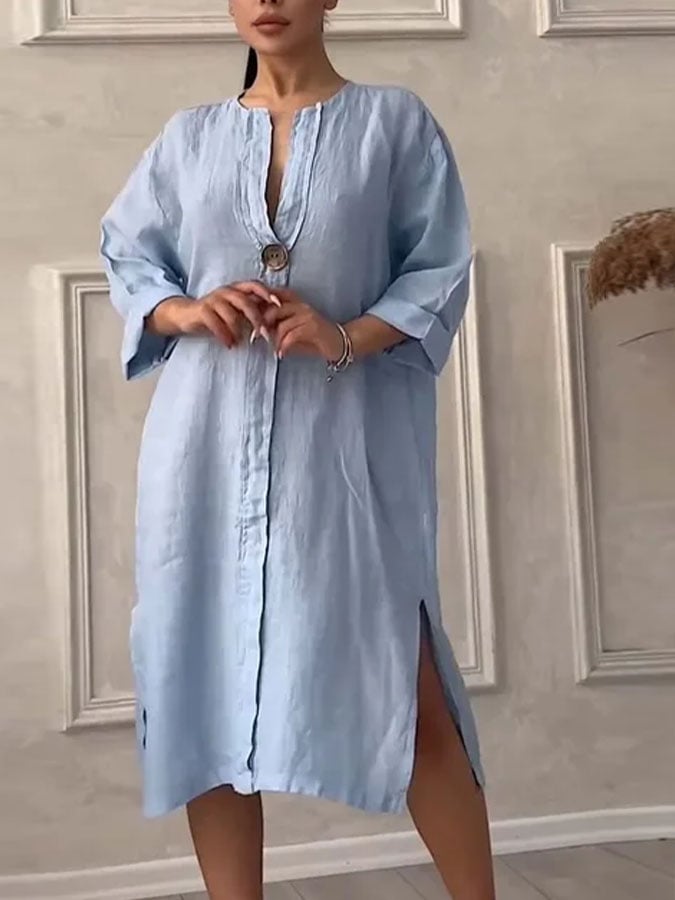 Women's Casual Solid Color V-Neck Three-quarter Sleeve Cotton and Linen Dress