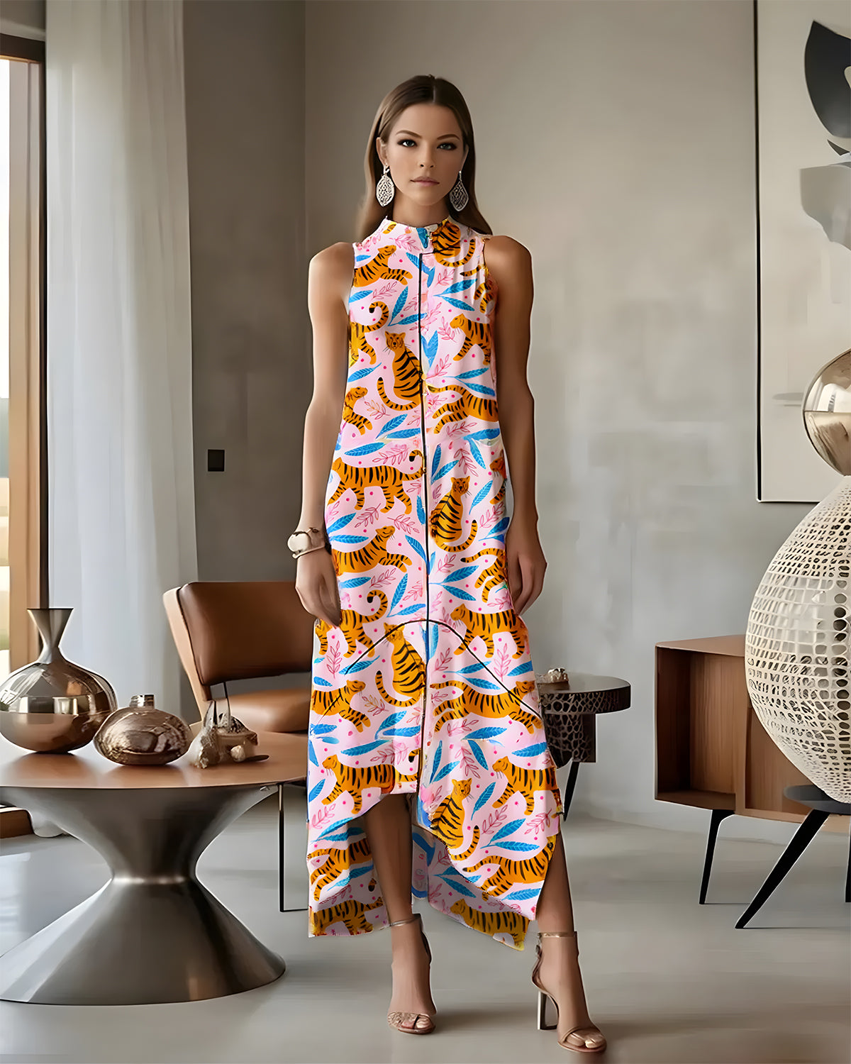 Tiger Pattern Stand Up Collar Sleeveless Asymmetrical Hem Long Skirt