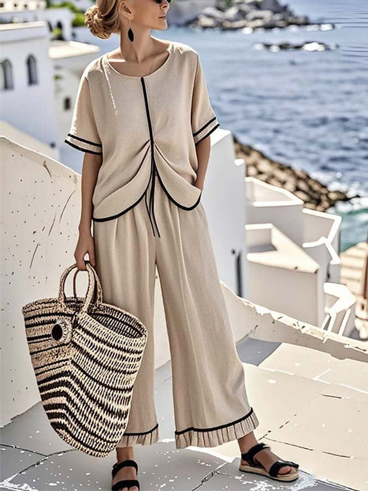 Women'S Loose Pleated Striped Printed Wide Leg Pants Set