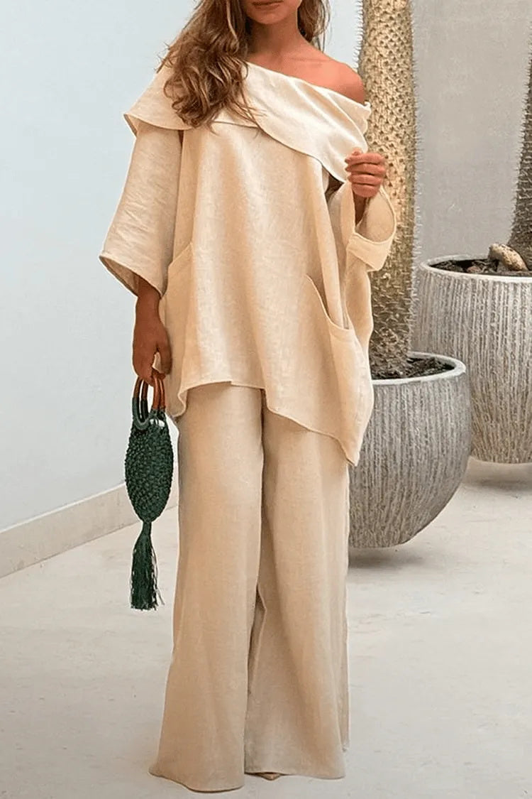 Women's Casual Solid Color  Long Sleeve Tops and Pants Cotton Two-piece Set