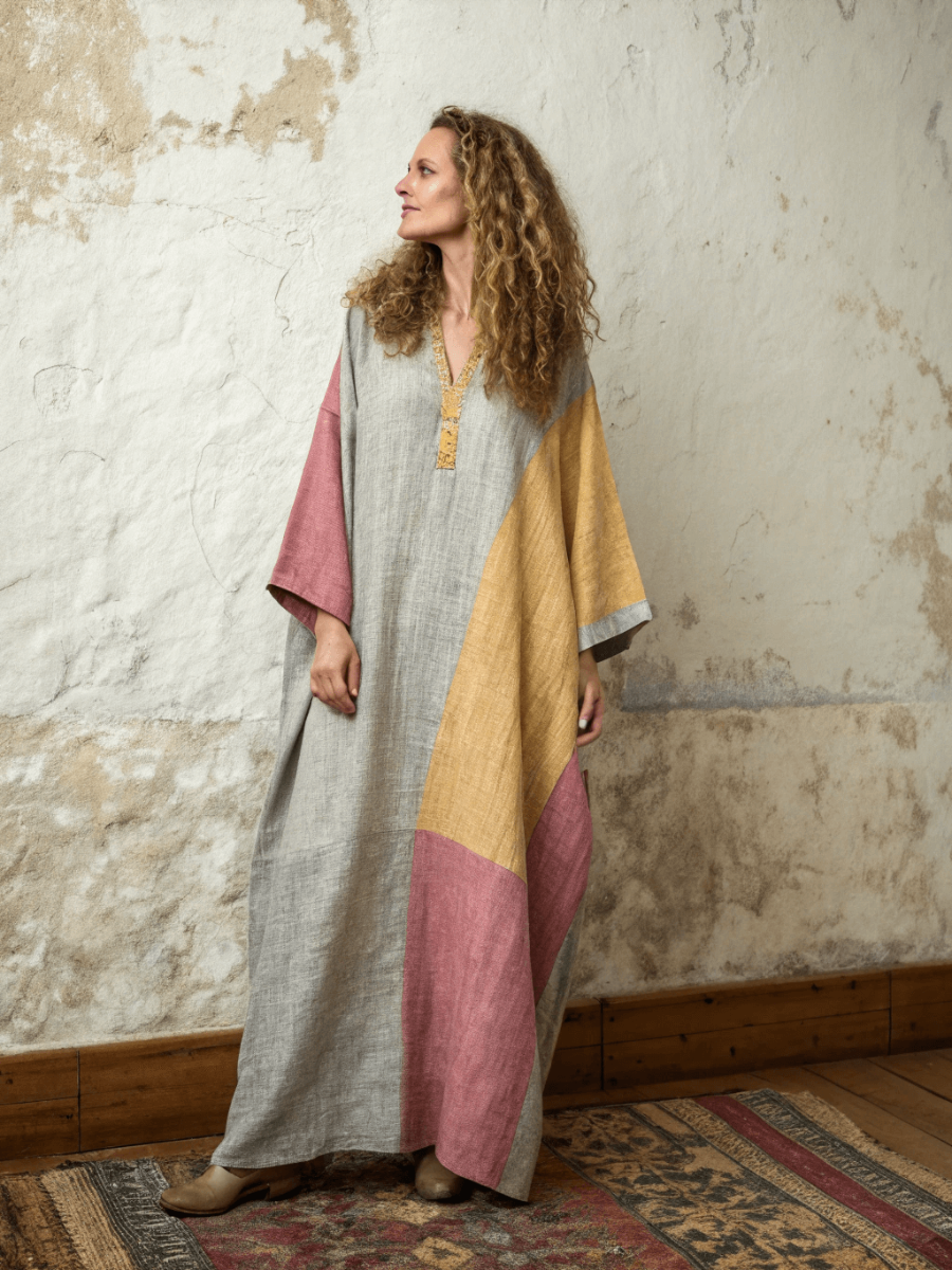Linen Printed Kaftan Maxi Dress