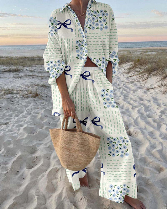 Floral Bow Print Shirt & Pants Two-Piece Set
