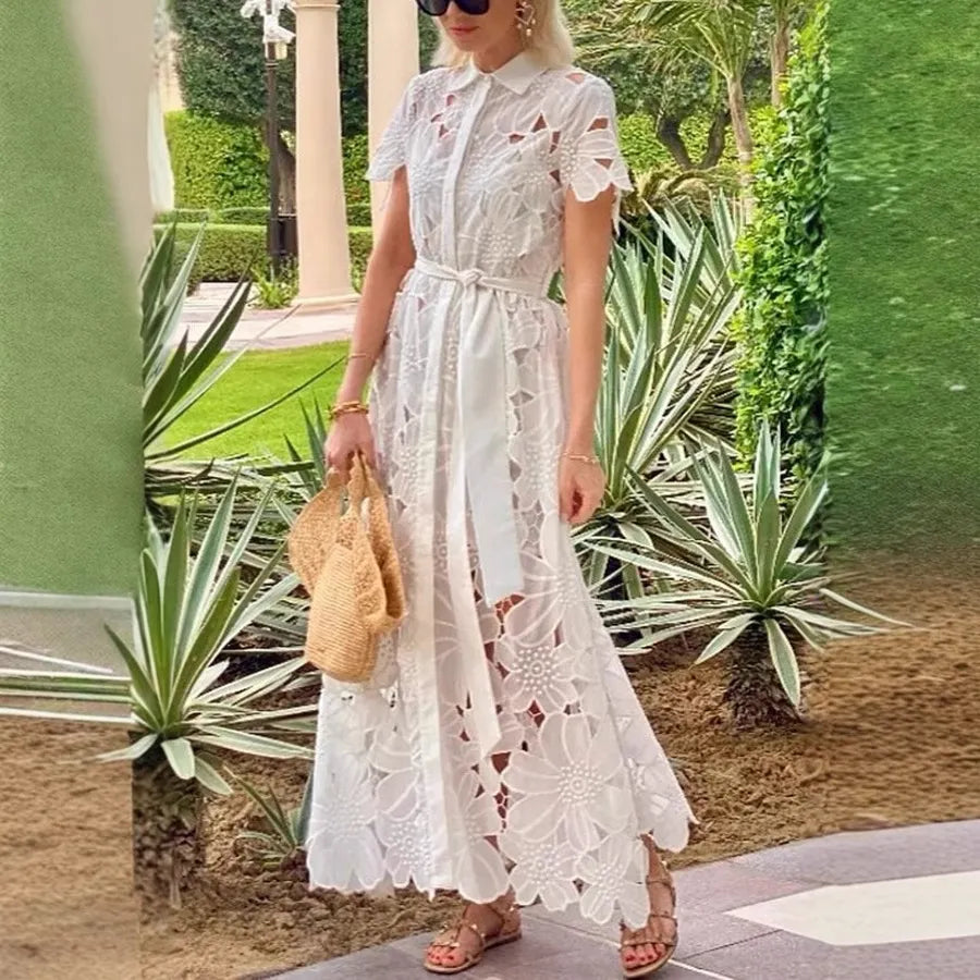 Casual Lace Cardigan Single-Breasted Dress