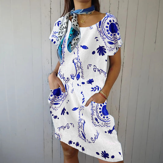 Women's Blue and White Porcelain Patterns Cotton and Linen Dress