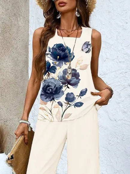 Women Floral Printing Two-Piece Set Daily Sleeveless Casual Summer Top With Pants Matching Set