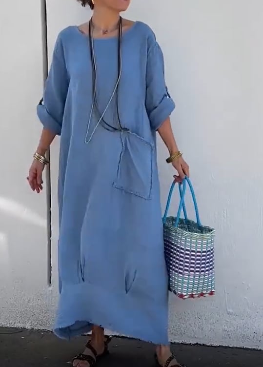 Women'S O-Shaped Loose Cotton And Linen Dress
