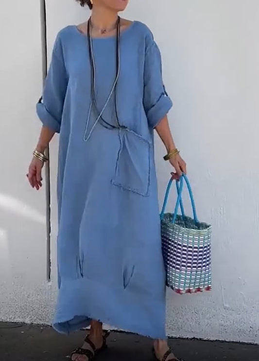 Women'S O-Shaped Loose Cotton And Linen Dress