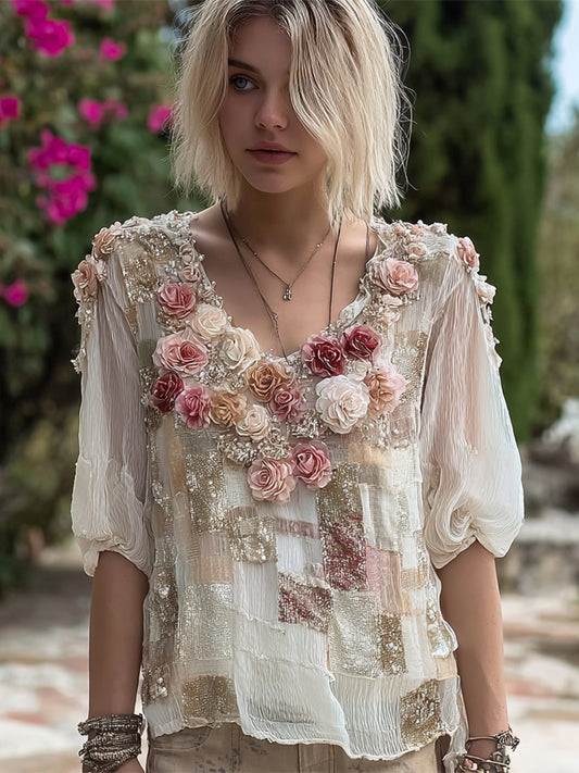 VChics Boho Gauze Rose Sequin Embroidered Women's Flowing Short Sleeve T-shirt