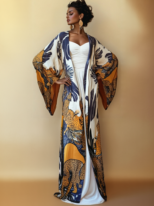 Women's Yellow Leopard Print Kimono Linen Robe