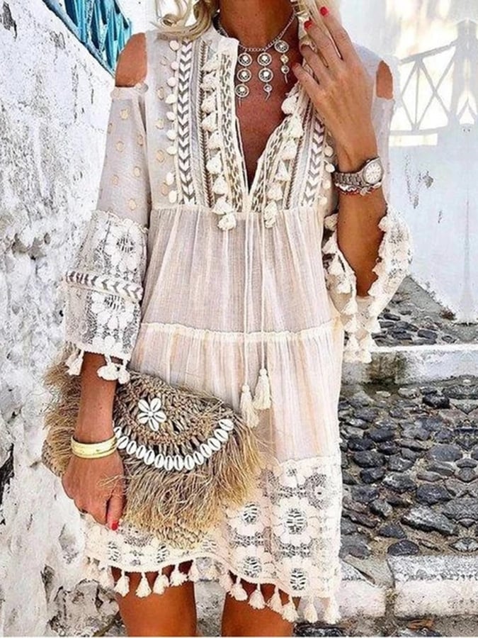Women's Comfortable Casual Fringed Lace V-Neck Dress