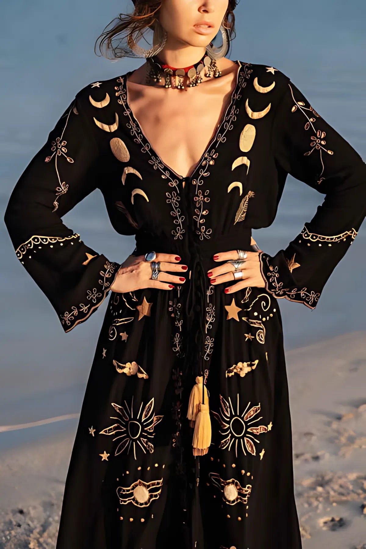 Bohemian Style Tie-Waist V-Neck Button Front Maxi Dress