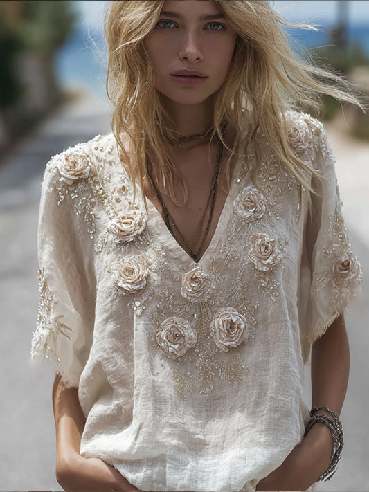 Bohemian-style White Rose Short-sleeved Shirt
