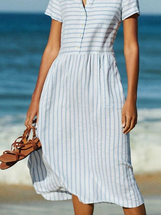 Women's Casual Solid Color Lapel Short Sleeve Striped Print Button Dress