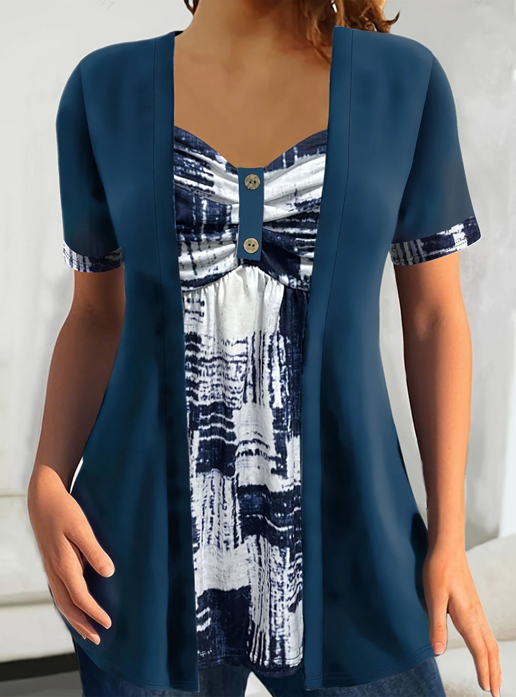 Women'S Casual Contrast Print Two Piece Top