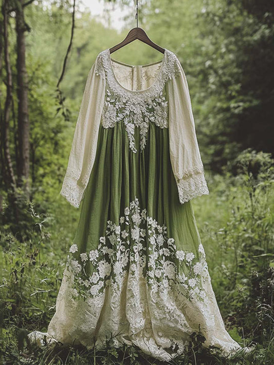 Vintage Floral Embroidered Pattern Linen Contrast Color Maxi Dress
