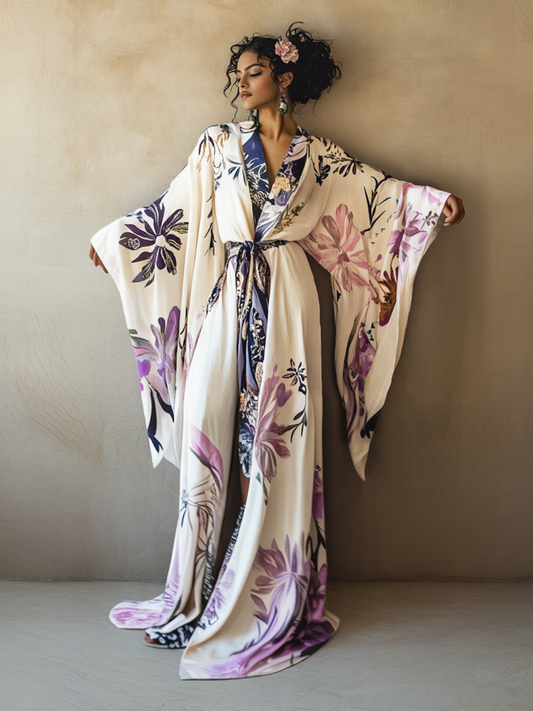 Women's Purple Iris Kimono Linen Robe (Including Belt)