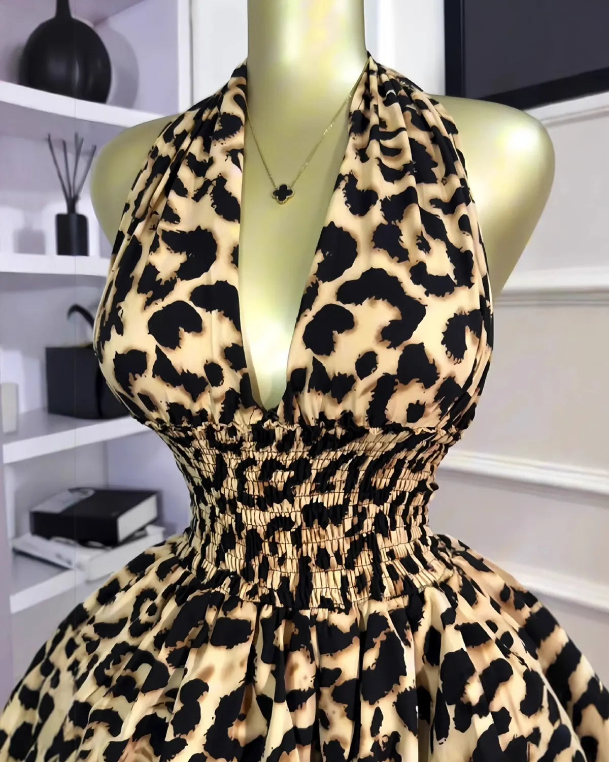 V-Neck Sleeveless Backless Waisted Pleated Puffy Mini Dress