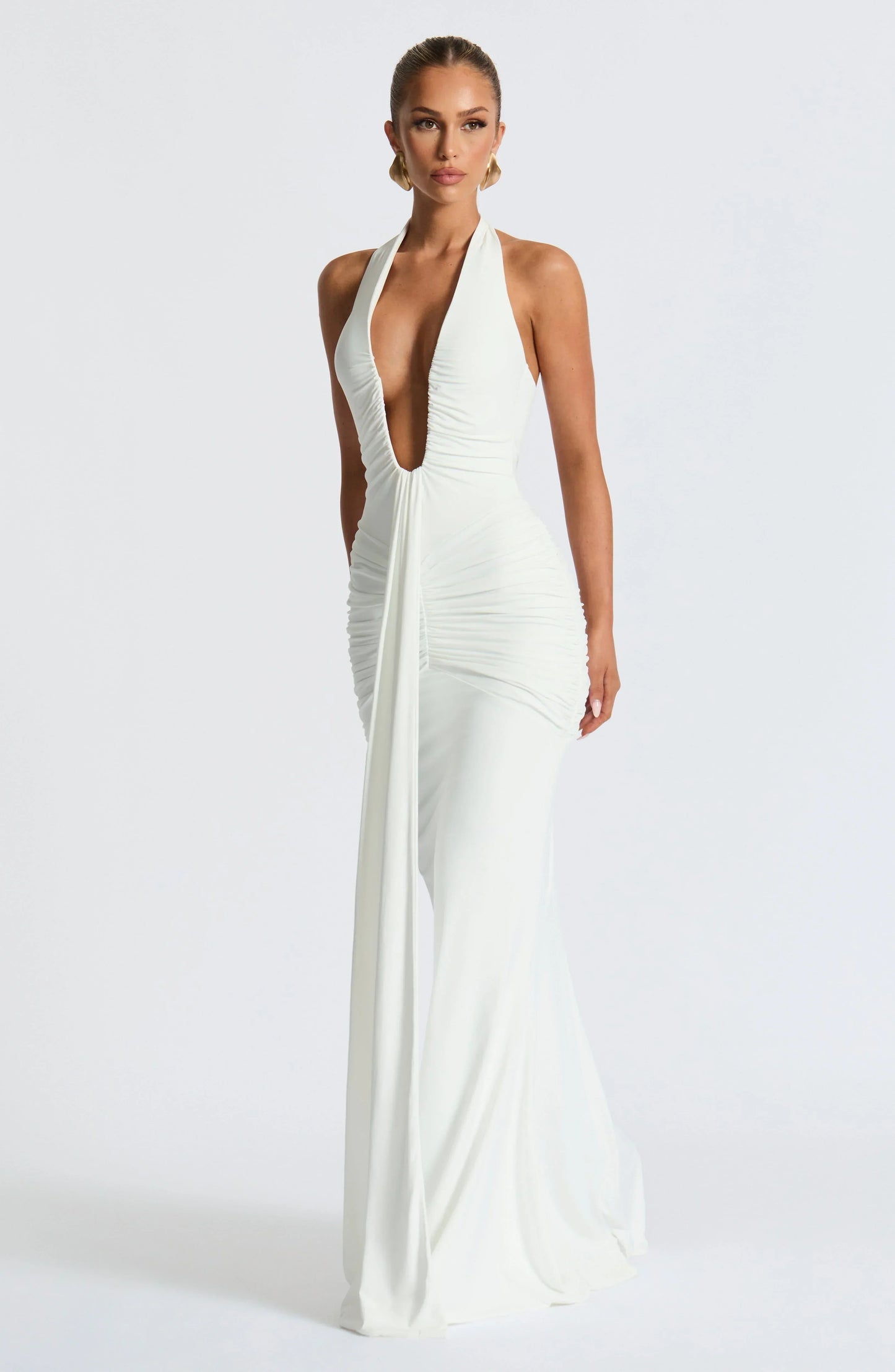 Solid Color Halterneck V-neck Open Back Tie Gathered Maxi Dress