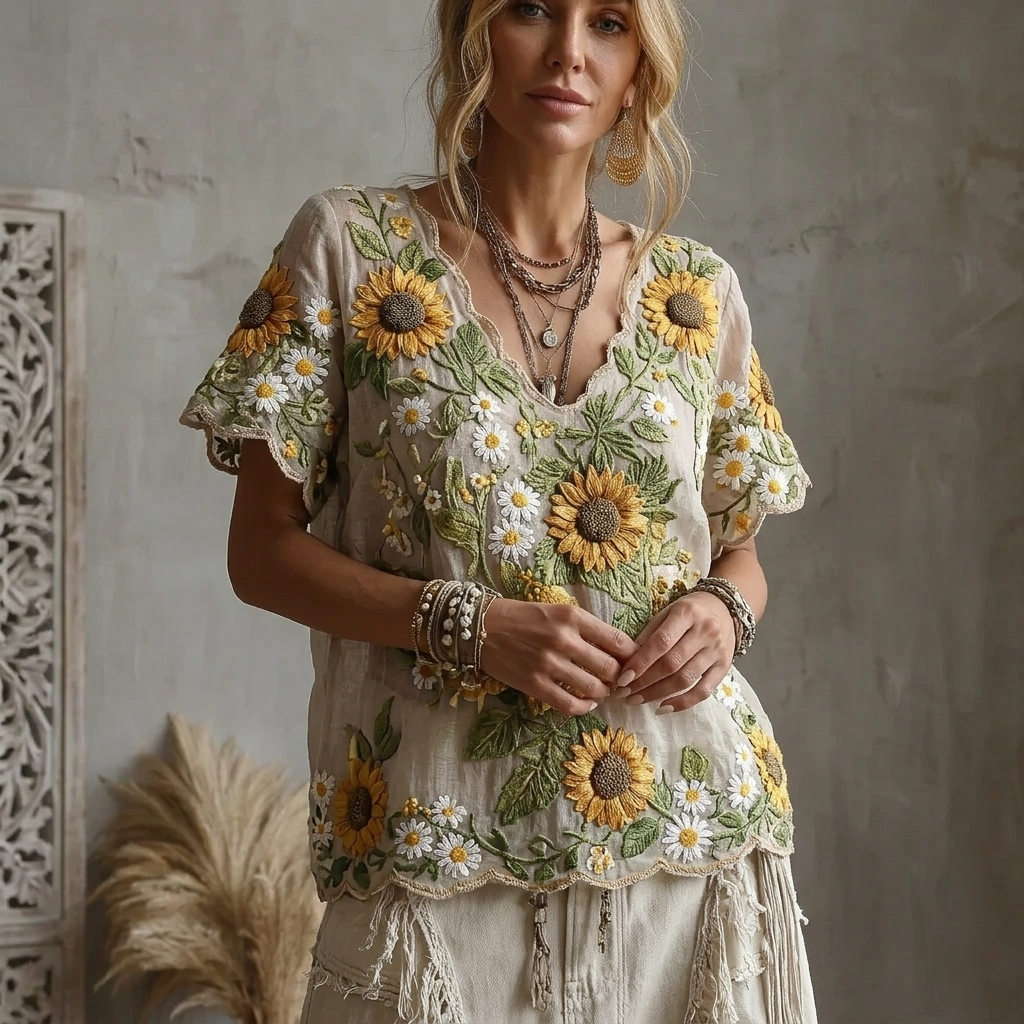 🌻 Women's Sunflower Embroidered Boho Blouse