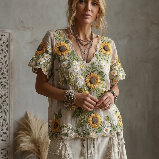 🌻 Women's Sunflower Embroidered Boho Blouse