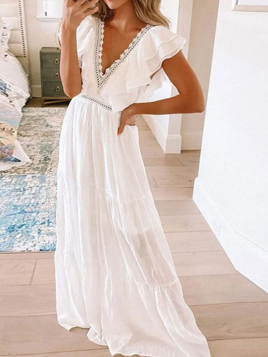 Women's Casual Solid Color V-Neck Short Sleeve Lace Ruffle Stitching Dress