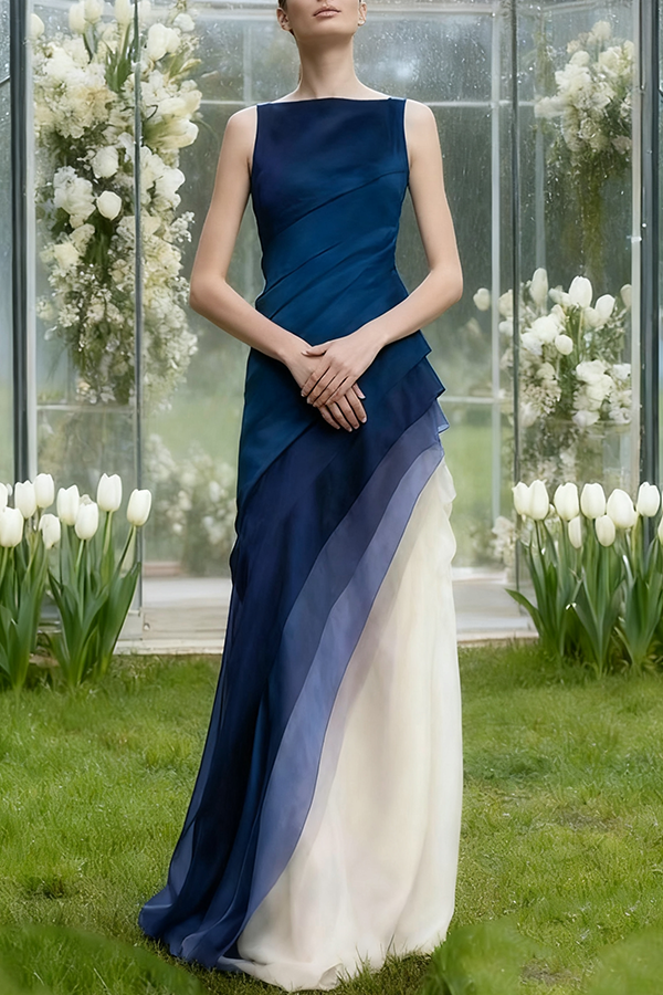 French Black High Waist Patchwork Tulle Maxi Dresses Sleeveless