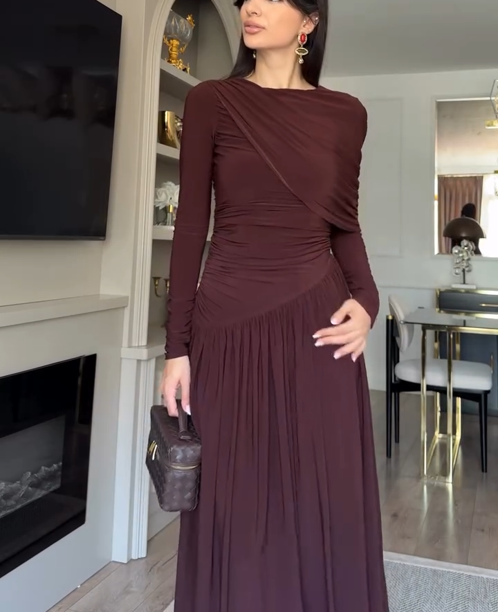 Asymmetrical Draped Shoulder Ruched Waist Maxi Dress